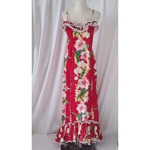 Vintage Royal Creations Womens Red Ruffle Floral Hawaiian Maxi Dress Large